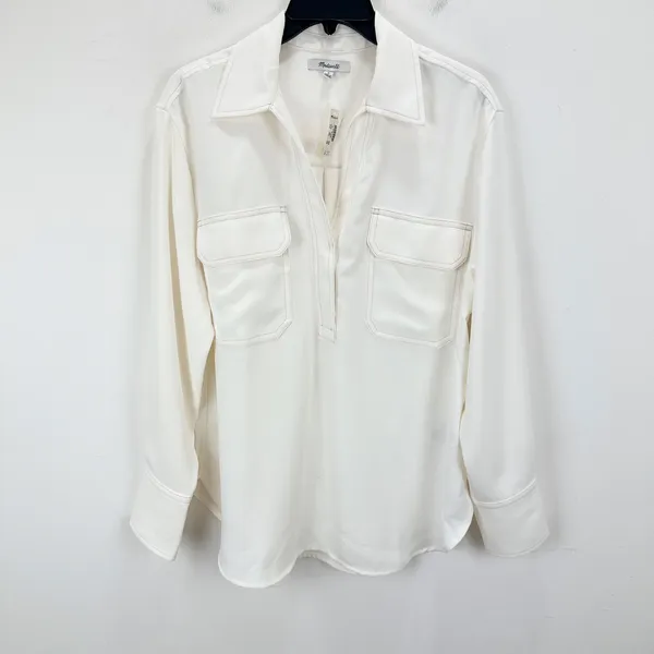 Madewell Contrast Stitch Popover Shirt Blouse Winter White Long Sleeve M NWT - Image 7
