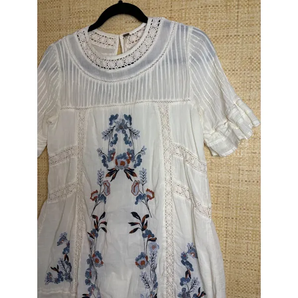 Free People Ivory Embroidered Cotton Gauze‎ Boho Mini Dress Crochet Lace XS - Image 3