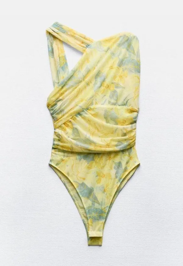 Draped Asymmetrical Yellow Floral Tulle bodysuit - Image 6