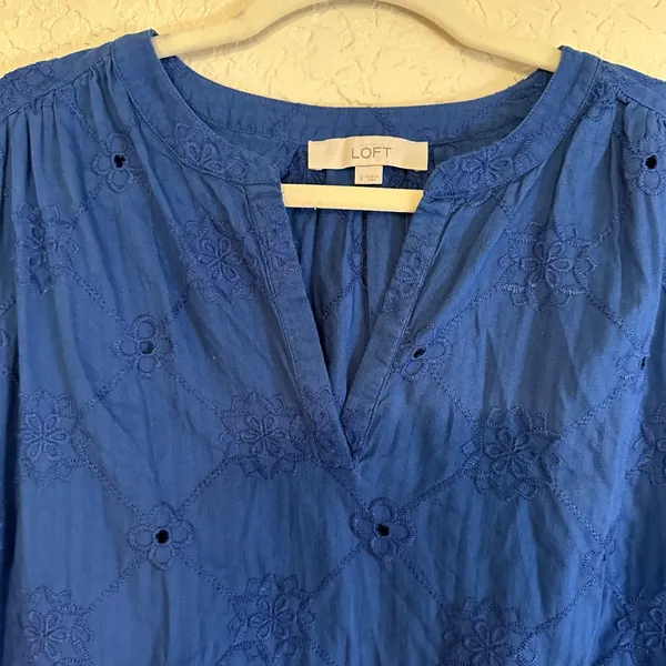 LOFT Blue Eyelet SMALL Embroidered Long Sleeve Blouse Top‎ Shirt Womens - Image 6