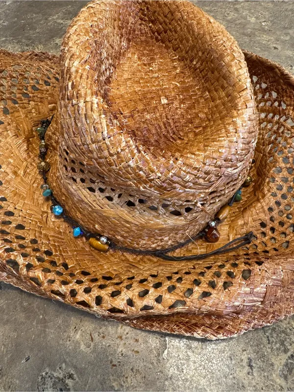 Vintage 2000s Scala Distressed Straw Cowgirl Hat Beaded Western Boho Y2K OS - Image 2