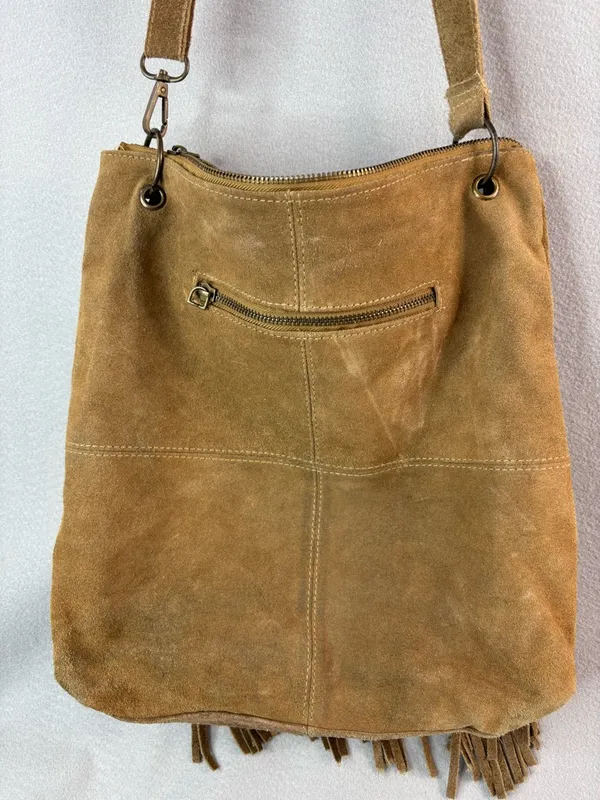 EARTHBOUND Hippie Boho Tan Suede Fringe Hobo Crossbody - Image 4