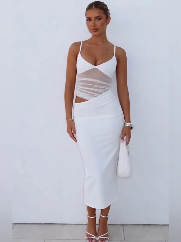 Midi Dress White Ruched Mesh Bust Slip women’s size Small NWOT(E72) - Image 2
