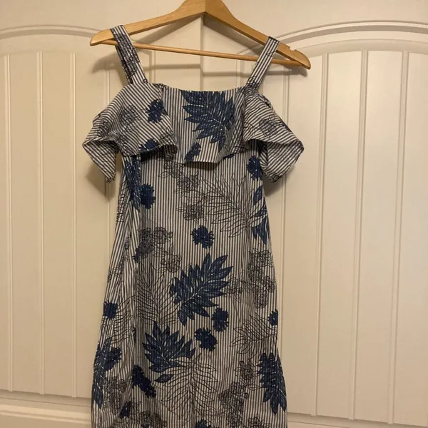 Tommy Hilfiger Sundress Size Small Blue and White Stripes Floral Print Ruffle - Image 3