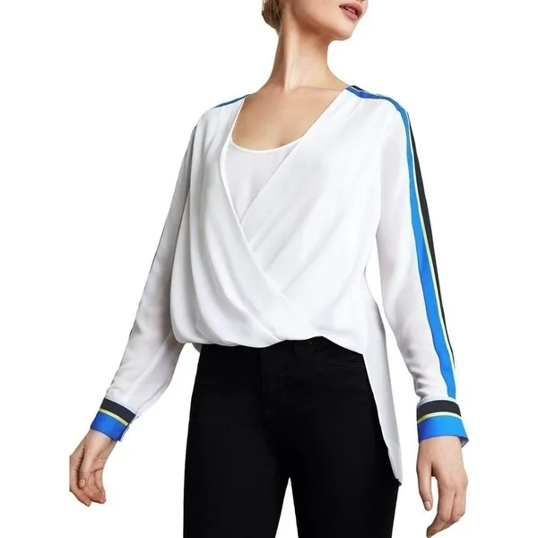 BCBGMAXAZRIA Seraphine Wrap Top White Blue Striped Sleeve Blouse Size XS - Image 11