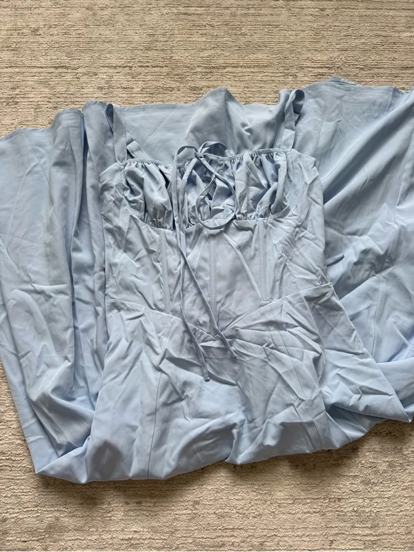 Light Blue Tie-Front Milkmaid Midi Dress (Size Small) - Image 3