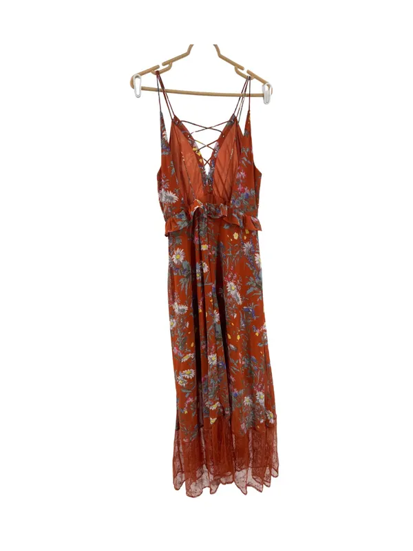 Women's Maxi floral Dress Burnt Orange open back M lace boho casual ruffle - Image 2