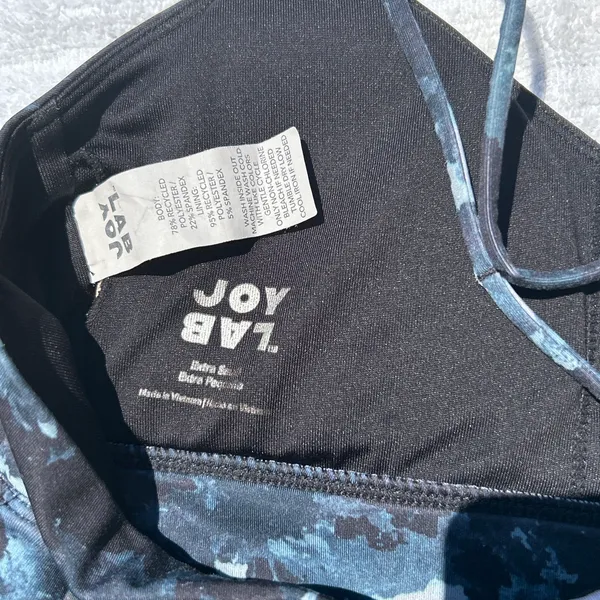 JoyLab Strappy Camo Blue, Grey, and Black Sports Bra - Image 3