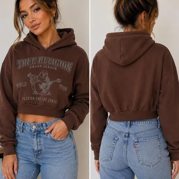 True Religion Crystal Cropped Pullover Hoodie Chicory Coffee XL - Image 2
