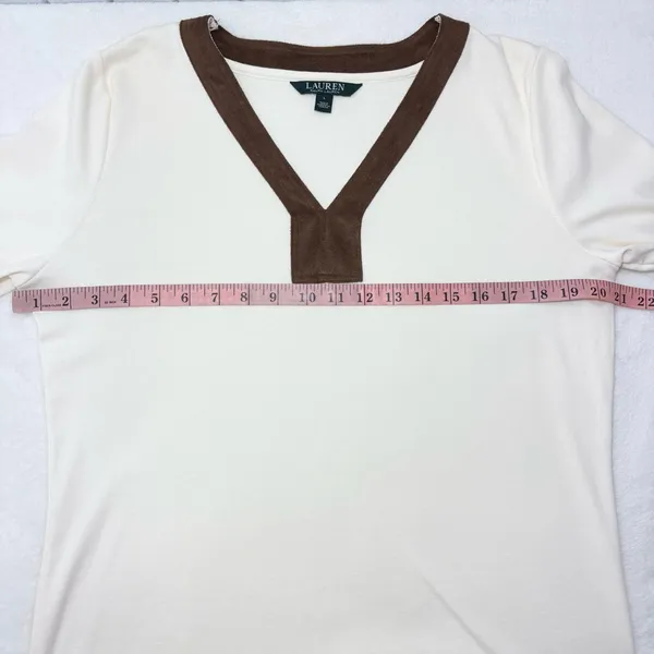 Ralph Lauren V neck Cream and Brown Cotton Long‎ Sleeve Top Size L - Image 7