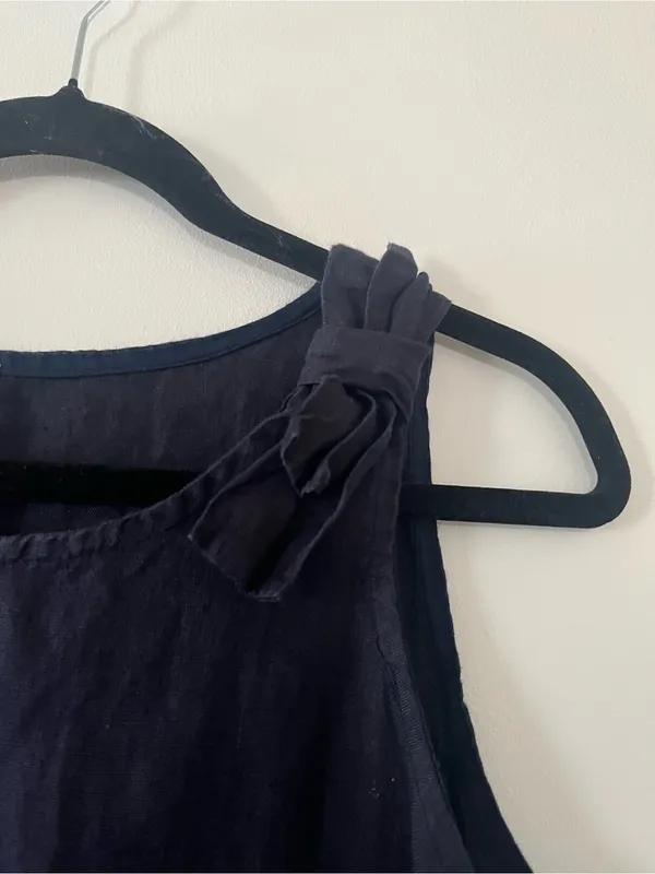100% Linen Navy Blue Mini Shift Dress Small Lace Hem Euro Summer Coastal - Image 3