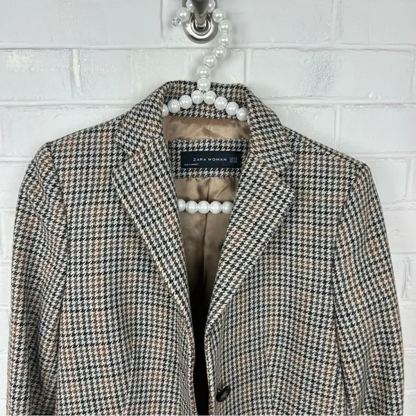 Zara Wool Blend Brown Houndstooth Knit Blazer Jacket Size XS - Image 4