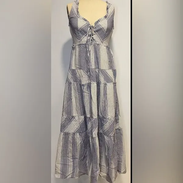 Betsey Johnson Stripe Play Yarn-Dye Tiered Maxi Dress Blue Small size Gingham - Image 4