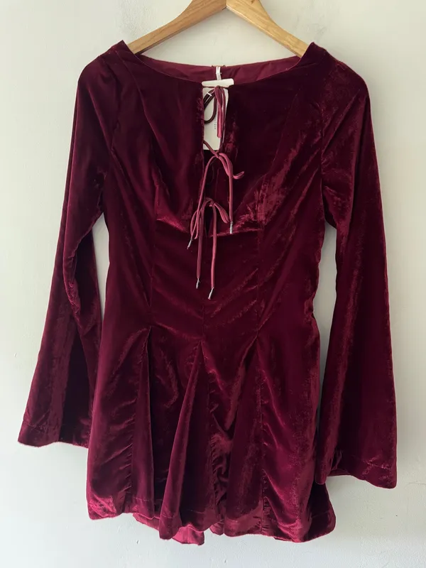 Free People Linney Velvet Minidress in Cabernet Burgundy‎ - Image 2