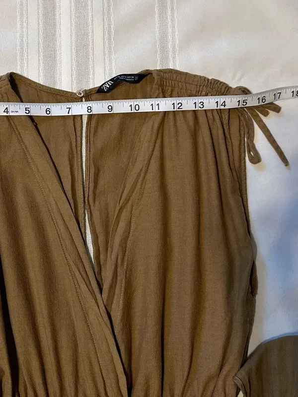 Zara Linen and Cotton Olive-Green Surplice Romper with Smocked Waist Size XS - Image 6