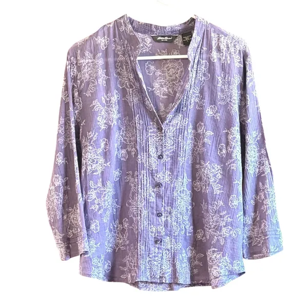 Eddie Bauer Large Grey White Floral Pintuck Cotton Button Front Top Boho - Image 3