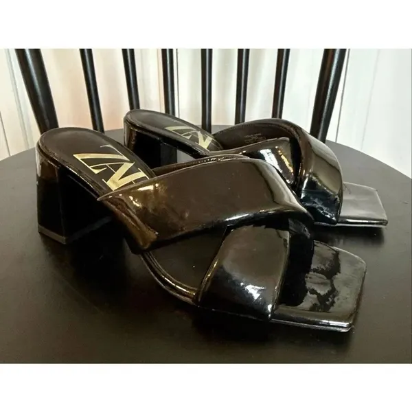 Zara black patent block heel sandals size 6 - Image 12