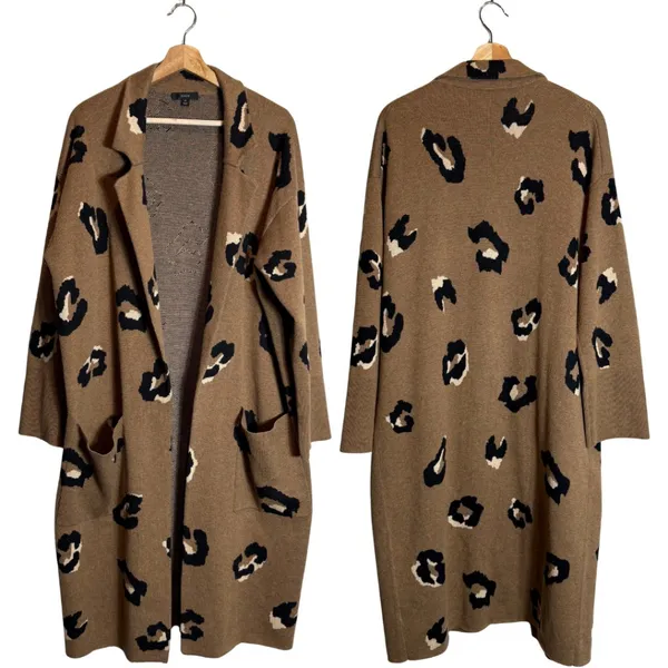 J. Crew Ella Leopard Open-Front Long Sweater-Blazer Women's Medium Brown Wool - Image 3