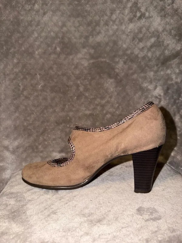 Aerosoles Water Roll Taupe Comfort Pump Mary Jane Snakeskin Trim Suede Heels - Image 6