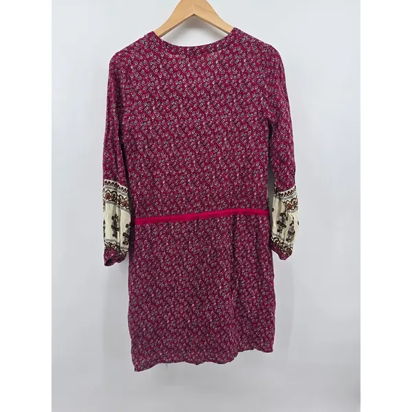 Entro Tunic Dress Womens Small Magenta Floral Boho V-Neck Tassel‎ Mixed Print - Image 3