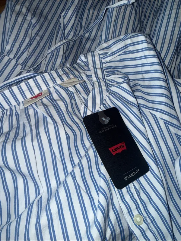 NWT Levi's Cecile Striped Tiered Midi Dress Blue White Button Front Puff Sleeve - Image 5