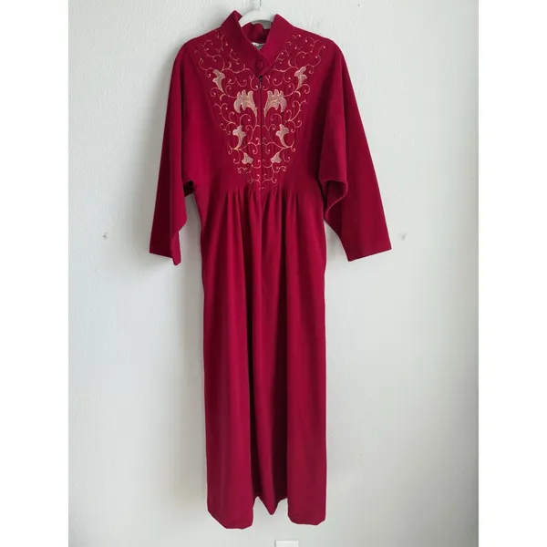 Vtg Vanity Fair Velour Maxi Robe Gown Red Gold Embroidered Zip Housecoat Large - Image 3