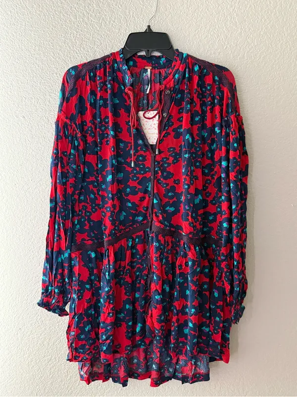 NEW Free People Red Floral Bohemian Keyhole Long Sleeve Mini Dress SMALL Tunic - Image 7