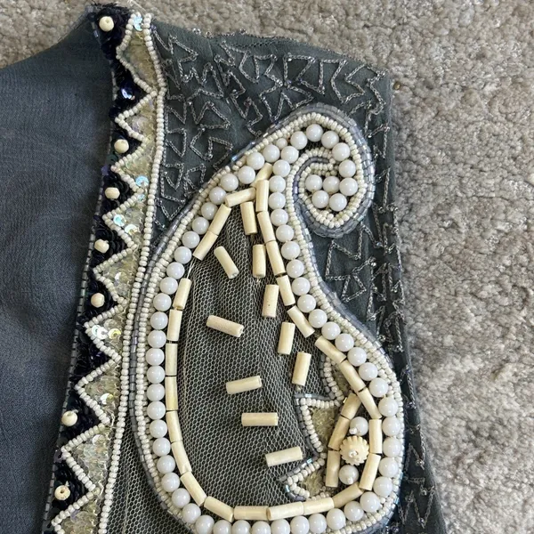 Ella Singh Vest Womens Large Beaded Sequins Silk Festival Boho Blue Cream Heavy - Image 7