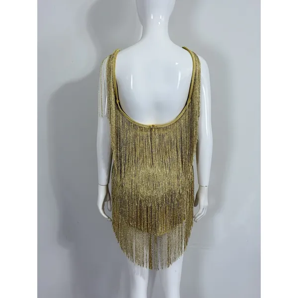 Women’s Yellow Gold Flapper Fringe Gypsy Mini Dress Low Back Party Dance Size S - Image 2