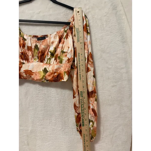 Abercrombie & Fitch Floral Satin Crop Top Medium Long Sleeve Blouse Orange - Image 6