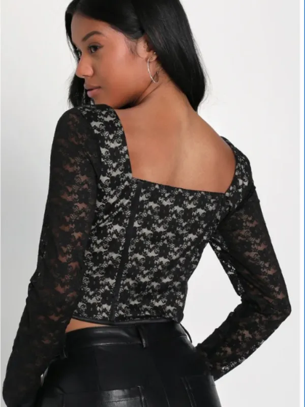 LULU's Sexy Romantic Chic Lace Bustier Long Sleeve Date Night Party Top - Image 2