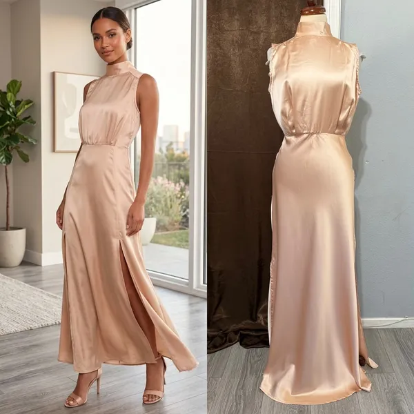 Lulus Maxi Dress S Champagne Satin Mock Neck Sleeveless Side Slit Rose Gold Prom - Image 2