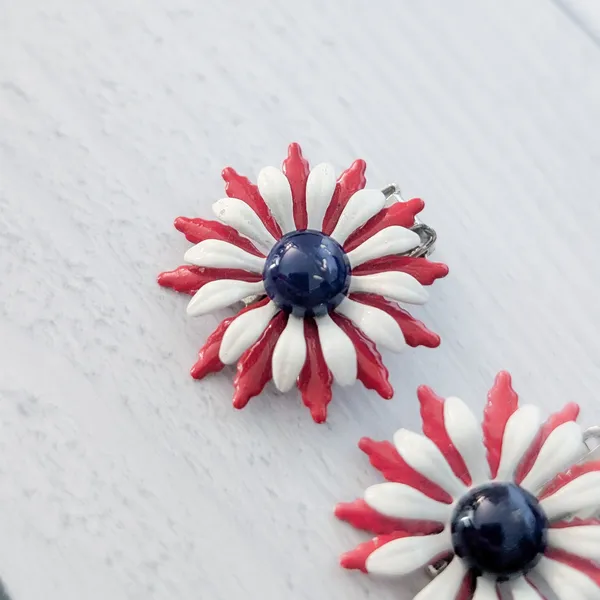 Vintage Clip On Earrings Red, White, Blue Statement Flower - Image 6