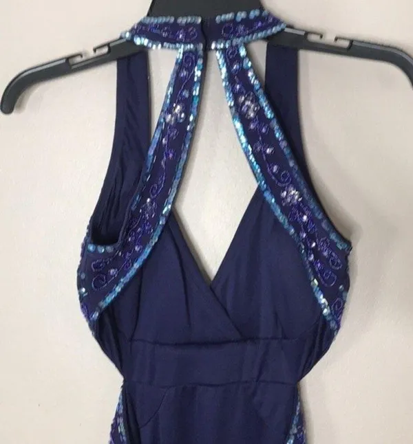 Nightway navy blue open back low cut prom holiday dress size 4 - Image 9