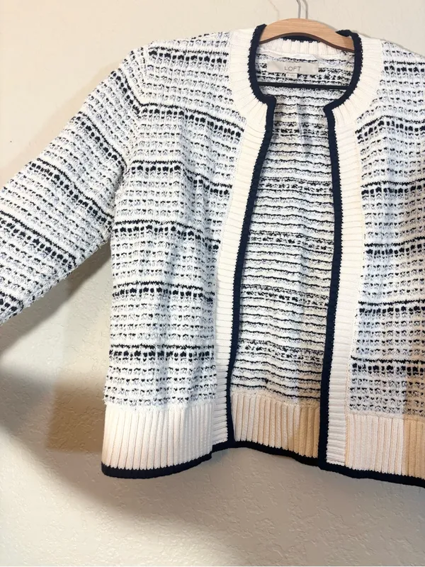 NWT Loft Blue White Stripe Tweed Textured Open Ribbed Cardigan Size S - Image 3