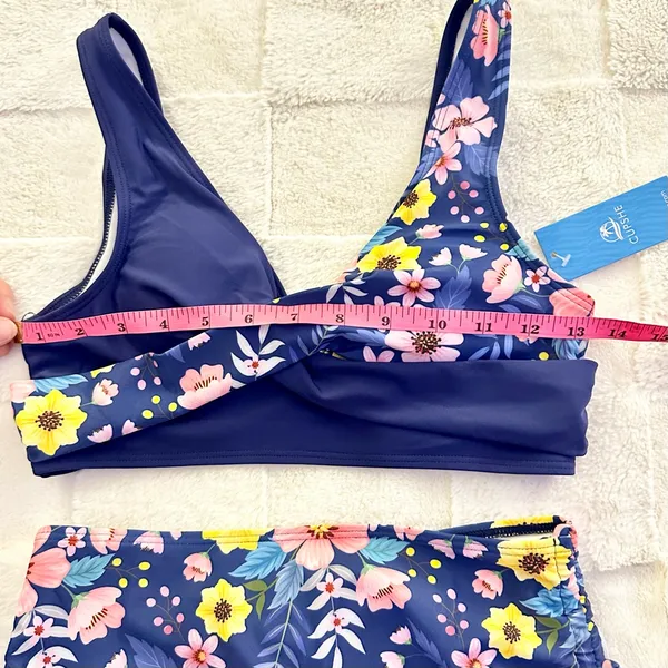 New CUPSHE Ruched Cinch Side Bottom Twist Front Blue Floral Beach Boho Bikini Sm - Image 5