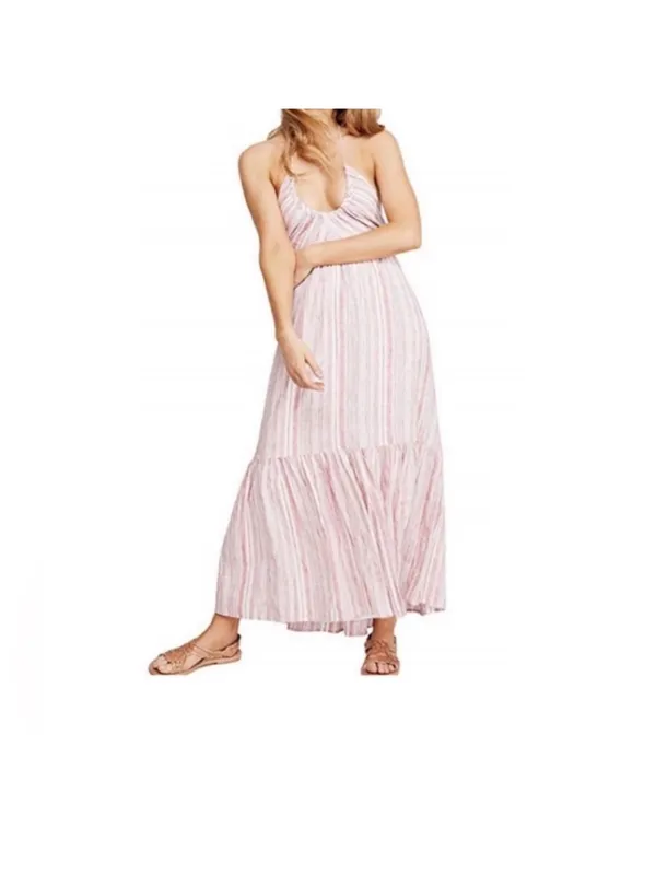 Free People Audrey Halter Maxi Dress Pink Striped Tie Back S - Image 5