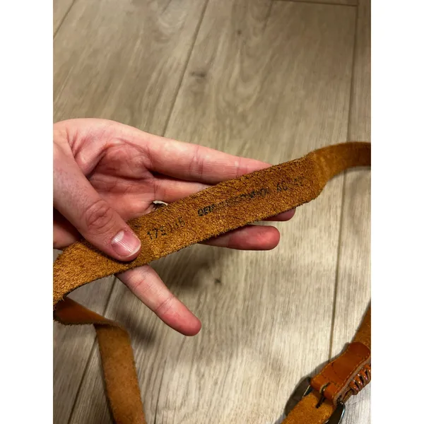 Vintage Tan Genuine Leather Belt Brass Distressed Buckle Made in Italy 40/42 - Image 3
