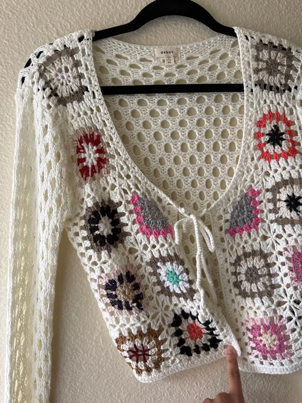 debut Crochet Openwork Tie-Front Cardigan with Floral Motifs - Image 7