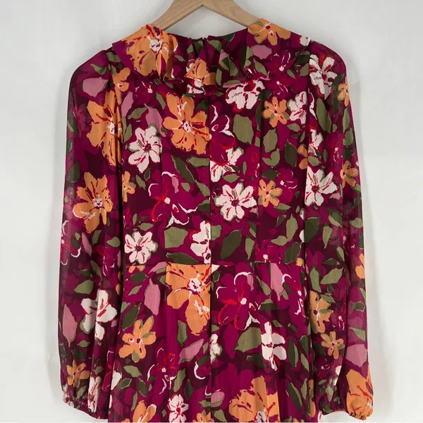 Maggy London Desert Bloom Floral Long‎ Sleeve A-line Dress In Wine Ruffle Trim 2 - Image 11