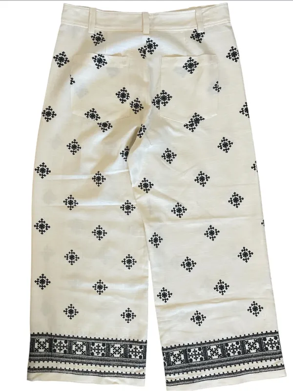 ZARA LINEN BLEND EMBROIDERED PANTS Ivory/ Black Size Large - Image 7