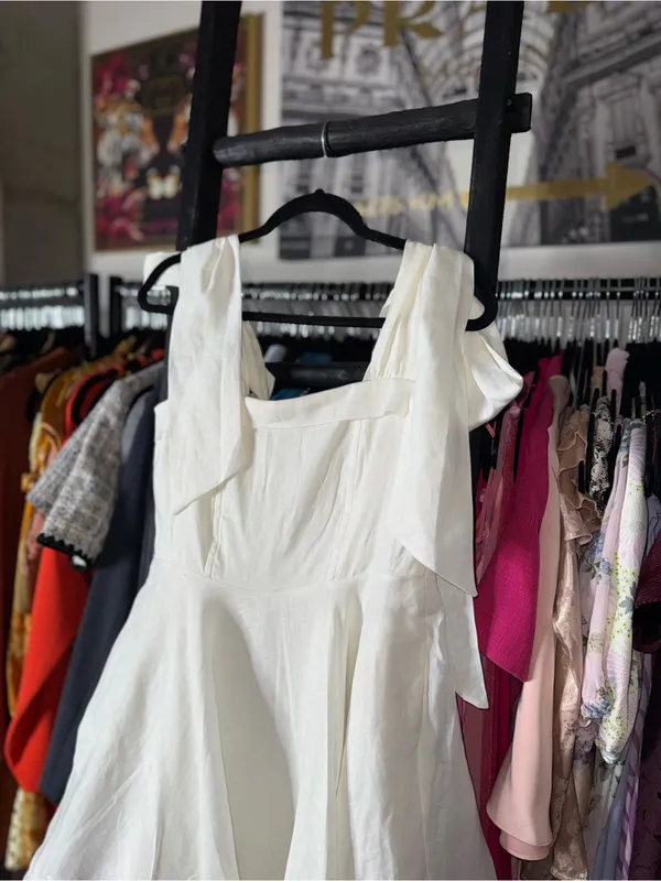 Dissh Aisle White Linen Bow Strap Mini Dress 100% Linen US 6 EUC - Image 6