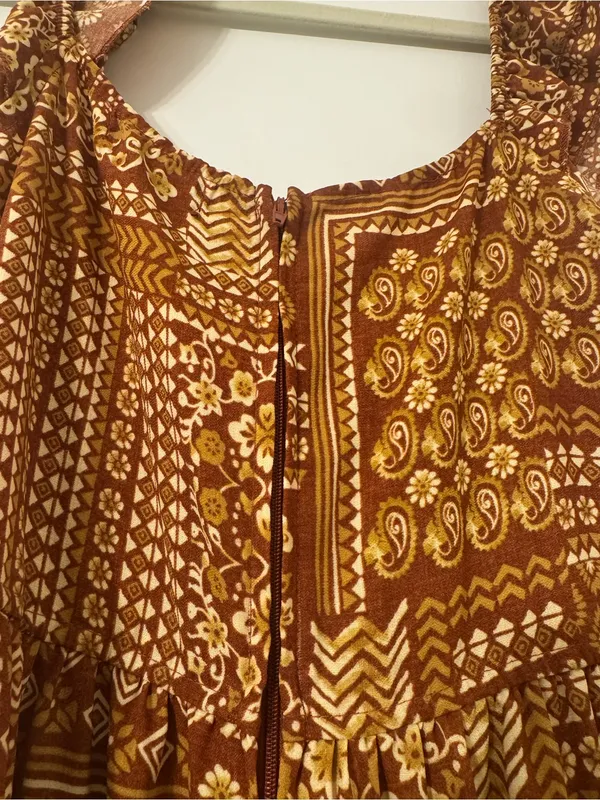 NWT Trixxi Rust Orange Tiered Patchwork-Print Ruffled-Strap Midi Dress Sz Large - Image 11