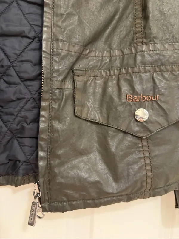 Barbour Brigade Military Wax Coated Jacket Dark Green Corduroy Collar sz 8 - Image 4