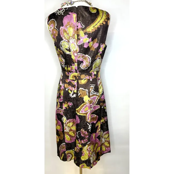 Tory Burch Silk Metallic Paisley Floral V-Neck Fit & Flare Cocktail Dress 4 - Image 5