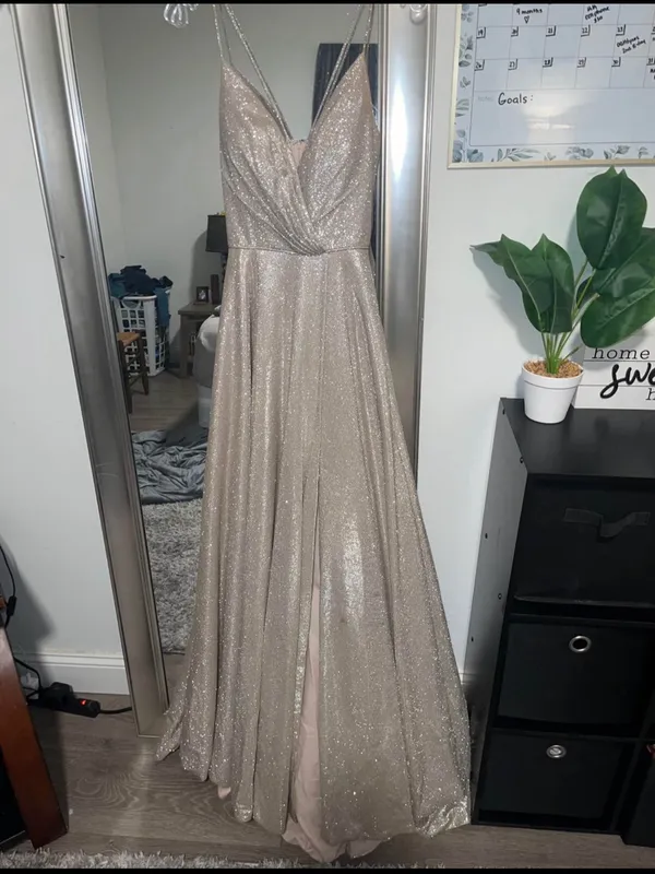 Sherri Hill Champagne Sparkle Plunging A-Line Gown - Image 3