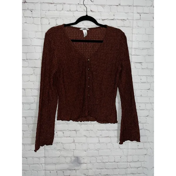 HM Womens Textured Crinkle Cardigan Top Brown Gold Button V-Neck Large 1283685-1 - Image 3