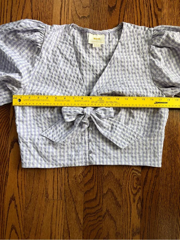 Maeve Anthropologie Cropped Gingham Bow Blouse Lavender Sz 14 Cottage Coastal - Image 12