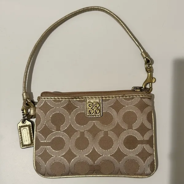Coach Julia Op Art Signature Gold Light Khaki Beige Canvas Small Print Wristlet - Image 2