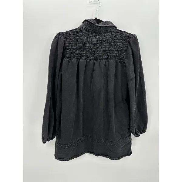 Veveret Womens Smocked Denim Shirt Jacket Puff Sleeve Washed‎ Black Small - Image 2